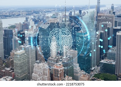 Aerial Panoramic City View Of Time Square Area, Manhattan West Side And The Hudson River, New York City, USA. Artificial Intelligence Concept, Hologram. AI, Machine Learning, Neural Network, Robotics