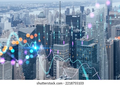 Aerial Panoramic City View Of Time Square Area, Manhattan West Side And The Hudson River, New York City, USA. Forex Graph Hologram. The Concept Of Internet Trading, Brokerage And Fundamental Analysis