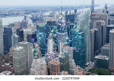 Aerial Panoramic City View Of Time Square Area, Manhattan West Side And The Hudson River, New York City, USA. Artificial Intelligence Concept, Hologram. AI, Machine Learning, Neural Network, Robotics