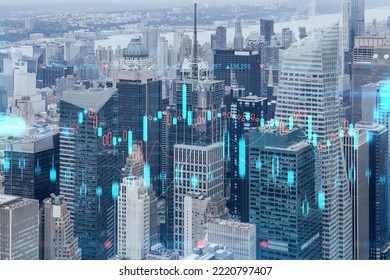 Aerial Panoramic City View Of Time Square Area, Manhattan West Side And The Hudson River, New York City, USA. Forex Graph Hologram. The Concept Of Internet Trading, Brokerage And Fundamental Analysis