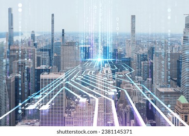 Aerial panoramic city view of Upper Manhattan and Central Park, New York city, USA. Iconic skyscrapers of NYC. Artificial Intelligence concept, hologram. AI, machine learning, neural network, robotics - Powered by Shutterstock - Get 15% off with code: PIKWIZARD15