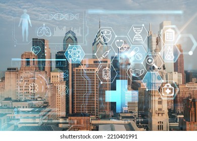 Aerial Panoramic Cityscape Of Philadelphia Financial Downtown, Pennsylvania, USA. City Hall Clock Tower, Sunrise. Hologram Healthcare Digital Medicine Icons. The Concept Of Treatment From Disease