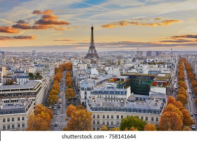 Aerial Panoramic Cityscape View Of Paris, France With The Eiffel Tower On A Fall Day