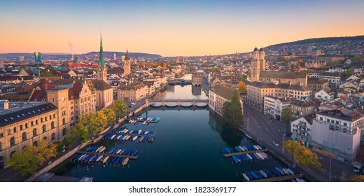 Aerial Panoramic Cityscape View Of Zurich In Autumn, Switzerland