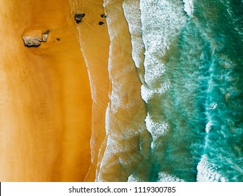 Aerial Panoramic Drone View Of Blue Ocean Waves And Beautiful Sandy Beach in Portugal