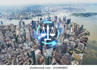 Aerial panoramic helicopter city view, Lower Manhattan, Downtown, New York, USA. World Trade Center, bridges. Glowing hologram legal icons. The concept of law, order, regulations and digital justice