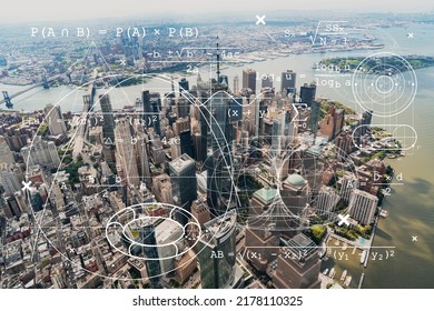 Aerial panoramic helicopter city view on Lower Manhattan district and financial Downtown, New York, USA. Technologies and education concept. Academic research, top ranking university, hologram