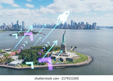 Aerial panoramic helicopter city view of Lower Manhattan, Downtown, New York, New Jersey, and Statue of Liberty. Startup company, launch project to seek and develop scalable business model, hologram