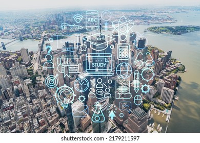 Aerial panoramic helicopter city view on Lower Manhattan district and financial Downtown, New York, USA. Technologies and education concept. Academic research, top ranking university, hologram
