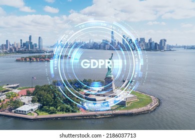 Aerial panoramic helicopter city view of Lower Manhattan, Downtown, New York, New Jersey, and Statue of Liberty. GDPR hologram, concept of data protection regulation and privacy for all individuals