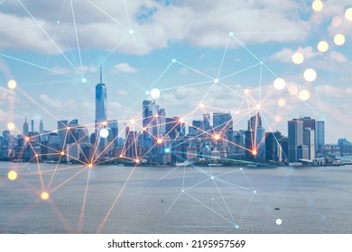 Aerial panoramic helicopter city view of Lower Manhattan and Downtown financial district, New York, USA. Social media hologram. Concept of networking and establishing new people connections