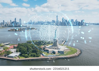Aerial panoramic helicopter city view of Lower Manhattan, Downtown, New York, New Jersey, Statue of Liberty. Artificial Intelligence concept, hologram. AI, machine learning, neural network, robotics