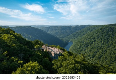 Aerial panoramic image of the Cheat River gorge and the Coopers Rock overlook and viewing platform in summer