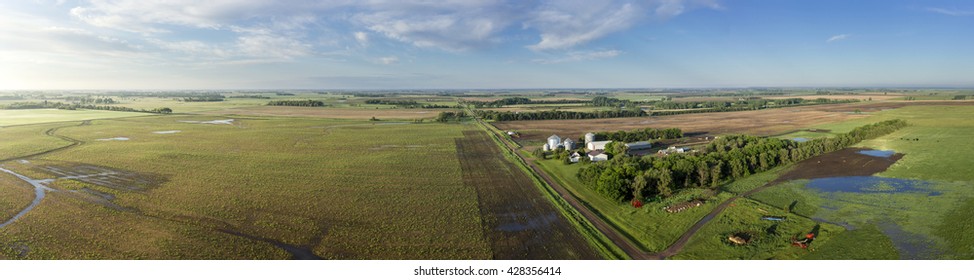Aerial Panoramic Image Of A South Dakota Farm.