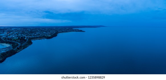 Aerial Panoramic Landscape Of Mornington Peninsula Coastline At Dawn