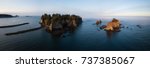 Aerial panoramic landscape view of the beautiful rocky coast on Pacific Ocean. Taken at La Push, far East from Seattle, Washington, United States of America.