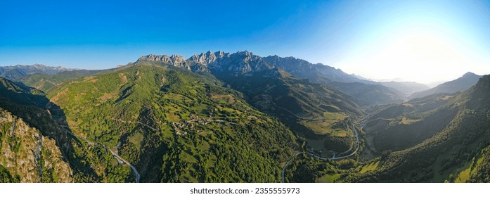 Aerial panoramic of the Picos de Europa mountain range on the Camino de Compostela - Way to St James - Shutterstock ID 2355555973