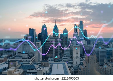 Aerial panoramic skyline of Philadelphia financial downtown, Pennsylvania, USA. City Hall Clock Tower at sunset. Forex candlesticks and bar graph hologram. The concept of internet trading, brokerage - Powered by Shutterstock - Get 15% off with code: PIKWIZARD15