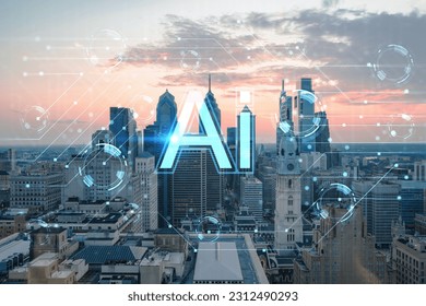 Aerial panoramic skyline of Philadelphia financial downtown, Pennsylvania, USA. City Hall Clock Tower, sunset. Artificial Intelligence concept. AI, business, machine learning, neural network, robotics