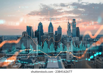 Aerial panoramic skyline of Philadelphia financial downtown, Pennsylvania, USA. City Hall Clock Tower at sunset. Forex candlesticks and bar graph hologram. The concept of internet trading, brokerage - Powered by Shutterstock - Get 15% off with code: PIKWIZARD15