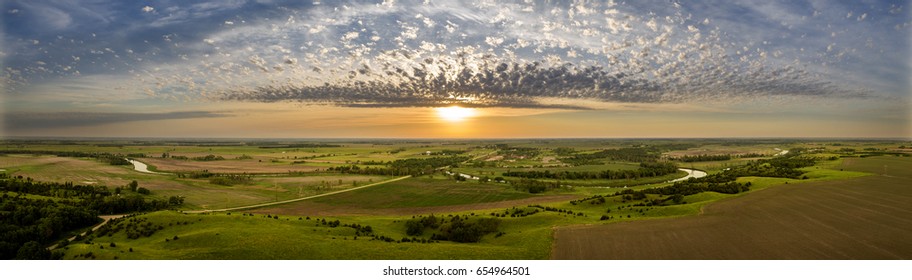 Aerial Panoramic Of A Sunset And Skyscape In The Midwest. South Dakota