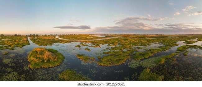 Aerial panoramic sunset sunrise scene at swamps and wetlands of Big Creek National Wildlife Area near Long Point Provincial Park, Lake Erie shore. - Shutterstock ID 2012296061
