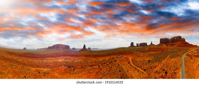 Aerial panoramic view of amazing Monument Valley in summser season, drone viewpoint.