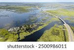 Aerial panoramic view of the Barotse Floodplain, full of lush aquatic vegetation, near the city Mongu in Western Province, Zambia.