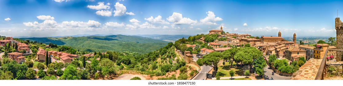 Aerial panoramic view of a beautiful landscape around the town of Montalcino, province of Siena, Tuscany, Italy
