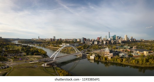 Aerial panoramic view of the beautiful modern city during a sunny day. Taken in Edmonton, Alberta, Canada.