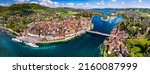 Aerial panoramic view of beautiful old town Stein am Rhein in Switzerland border with Germany. Popular tourist destination