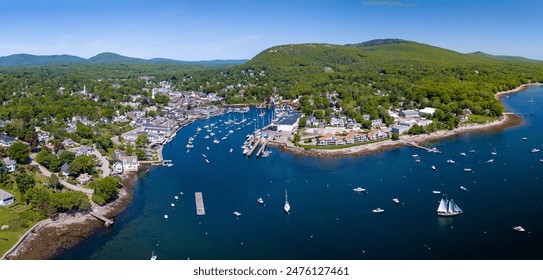 Aerial panoramic view of Camden, Maine, USA. June 2, 2024.  - Powered by Shutterstock