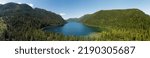 Aerial Panoramic View of Cameron Lake during a vibrant sunny day. Vancouver Island, British Columbia, Canada. Canadian Nature Background