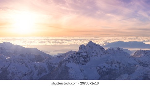 Aerial Panoramic View of Canadian Mountain covered in snow. Sunset Sky Art Render. Located near Squamish, North of Vancouver, British Columbia, Canada. Nature Background Panorama - Powered by Shutterstock