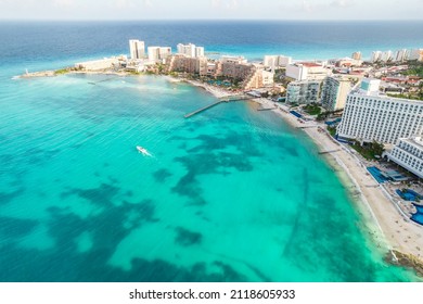 Aerial Panoramic View Of Cancun Beach And City Hotel Zone In Mexico. Caribbean Coast Landscape Of Mexican Resort With Beach Playa Caracol And Kukulcan Road. Riviera Maya In Quintana Roo Region On