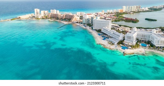 Aerial Panoramic View Of Cancun Beach And City Hotel Zone In Mexico. Caribbean Coast Landscape Of Mexican Resort