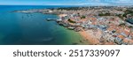 Aerial panoramic view of Cascais. 30km west of Lisbon on the portuguese riveira, cascais, Portugal. Drone aerial view of Praia da Rainha and historic city centre of Cascais, Portugal