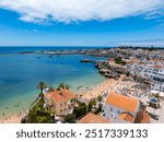 Aerial panoramic view of Cascais. 30km west of Lisbon on the portuguese riveira, cascais, Portugal. Drone aerial view of Praia da Rainha and historic city centre of Cascais, Portugal