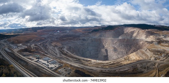 Aerial Panoramic View Of A Copper Mine In The Interior Of British Columbia, Canada.