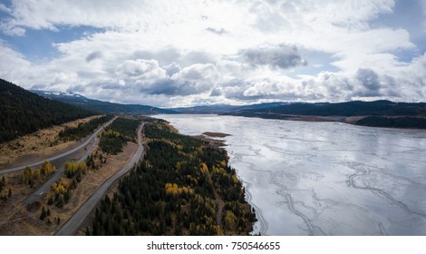 Aerial Panoramic View Of Copper Mine Tailing Pond In The Interior British Columbia, Canada.