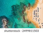 Aerial panoramic view of Coral bay beach, Cyprus. Overhead view of Coral Bay beach, Peyia village, Paphos district, Cyprus. Aerial view of Coral Bay beach in Peyia village, Cyprus.