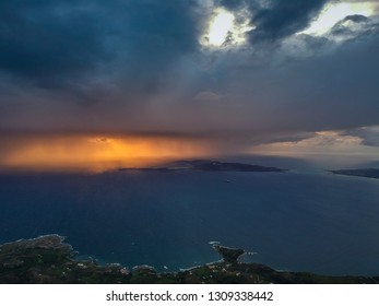 Aerial Panoramic View Of Elafonisos Island Over The Laconian Gulf At Sunset In Peloponnese, Greece, Europe.