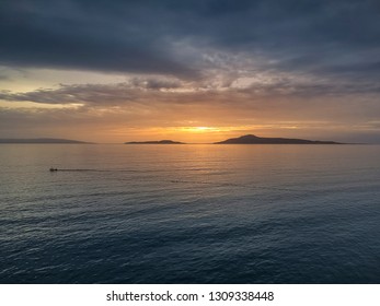 Aerial Panoramic View Of Elafonisos Island Over The Laconian Gulf At Sunset In Peloponnese, Greece, Europe.