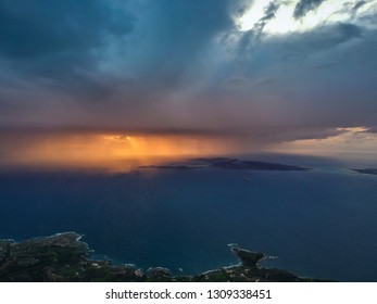 Aerial Panoramic View Of Elafonisos Island Over The Laconian Gulf In Peloponnese, Greece.