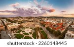 Aerial panoramic view of the famous Schlossplatz in Downtown Stuttgart, Germany at sunset, travel background