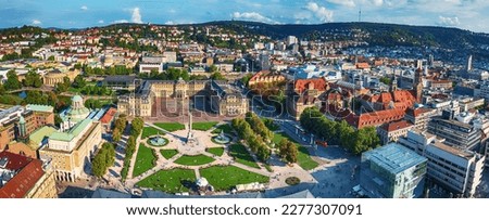 Aerial panoramic view of the famous Schlossplatz in Downtown Stuttgart, Germany, travel background