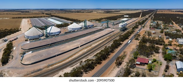 An Aerial Panoramic View Of Grass Patch In Western Australia With The Large Grain Silos Near The Coolgardie-Esperance Highway