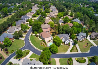 Aerial Panoramic View Of House Cluster In A Sub Division In Suburbs In Metro Atlanta In Georgia ,USA Shot By Drone