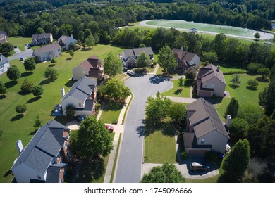 Aerial Panoramic View Of House Cluster In A Sub Division In Suburbs In Metro Atlanta In Georgia ,USA Shot By Drone