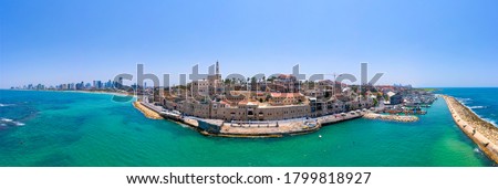 Aerial panoramic view of Jaffa old city port and skyline on a beautiful day.